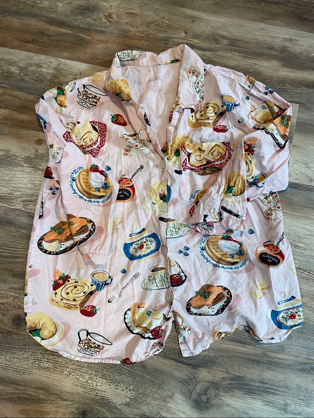 Nick & Nora Pink Breakfast Cotton Dessert Print Button-Down Cropped Pajamas - Picture 2 of 6